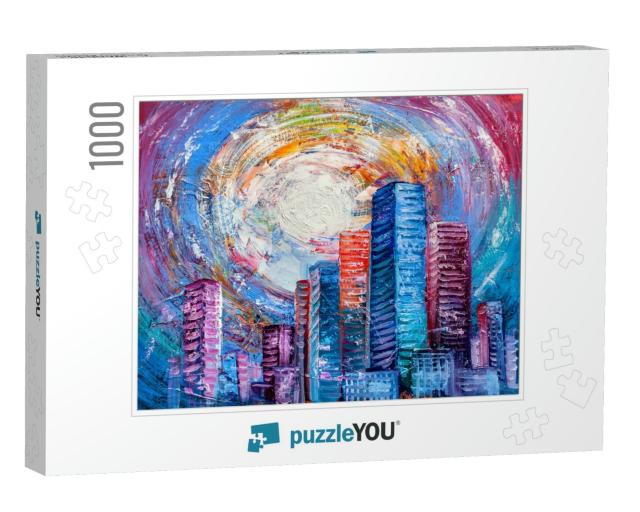 Colorful Abstract Oil Painting. Sun Over the City, Landsc... Jigsaw Puzzle with 1000 pieces