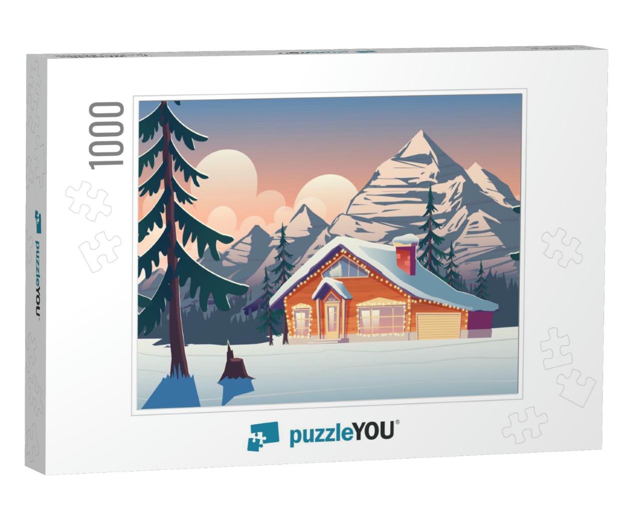 Wooden Cottage House, Chalet in Winter Mountains. Christm... Jigsaw Puzzle with 1000 pieces