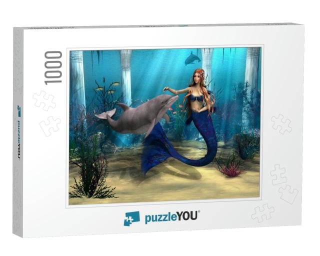 3D Digital Render of a Cute Mermaid & Dolphin on Blue Fan... Jigsaw Puzzle with 1000 pieces