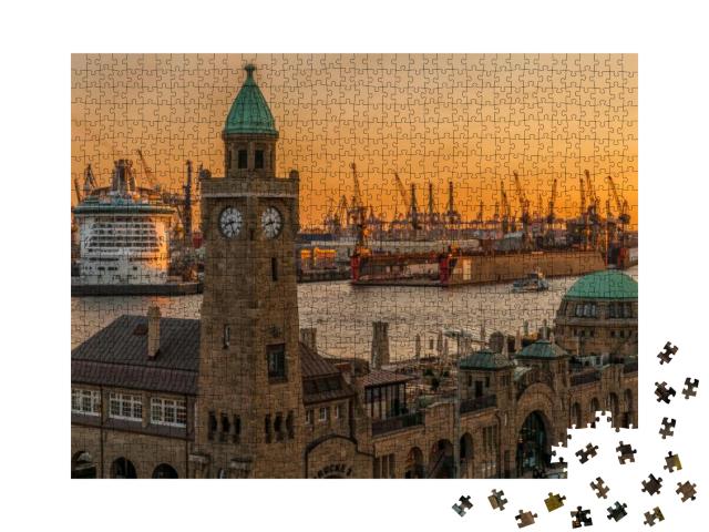 Sunset Over the Landungsbruecken & the Port in Hamburg... Jigsaw Puzzle with 1000 pieces