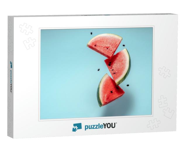 Watermelon Slice Falling on Pastel Background. Floating F... Jigsaw Puzzle