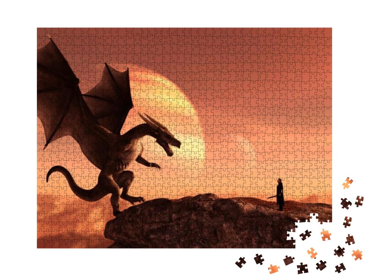 Knight & the Dragon in Magical Landscape, 3D Art Illustra... Jigsaw Puzzle with 1000 pieces