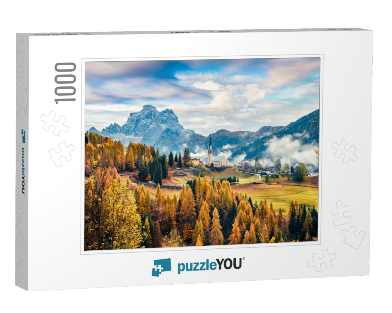 Foggy Autumn View of Parrocchia Di Selva Cadore Church. G... Jigsaw Puzzle with 1000 pieces