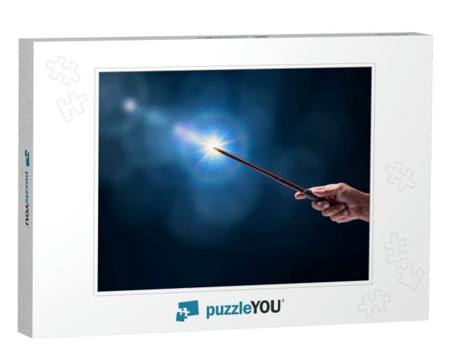 Magic Wand with Sparkle on Blue Background, Miracle... Jigsaw Puzzle
