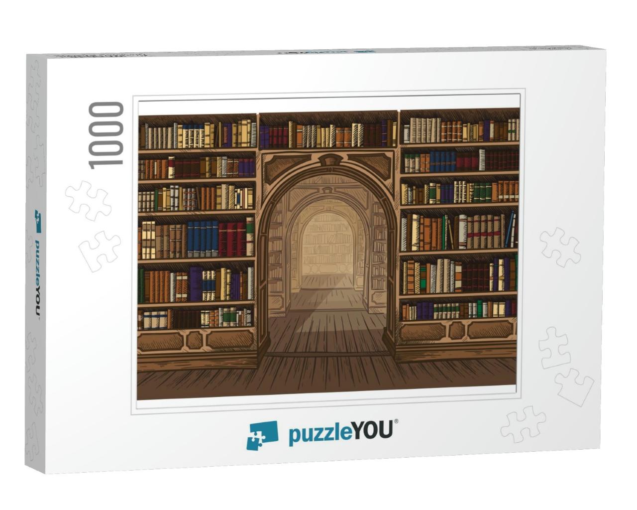 Library Book Shelf Interior Graphic Sketch Colorful Illus... Jigsaw Puzzle with 1000 pieces