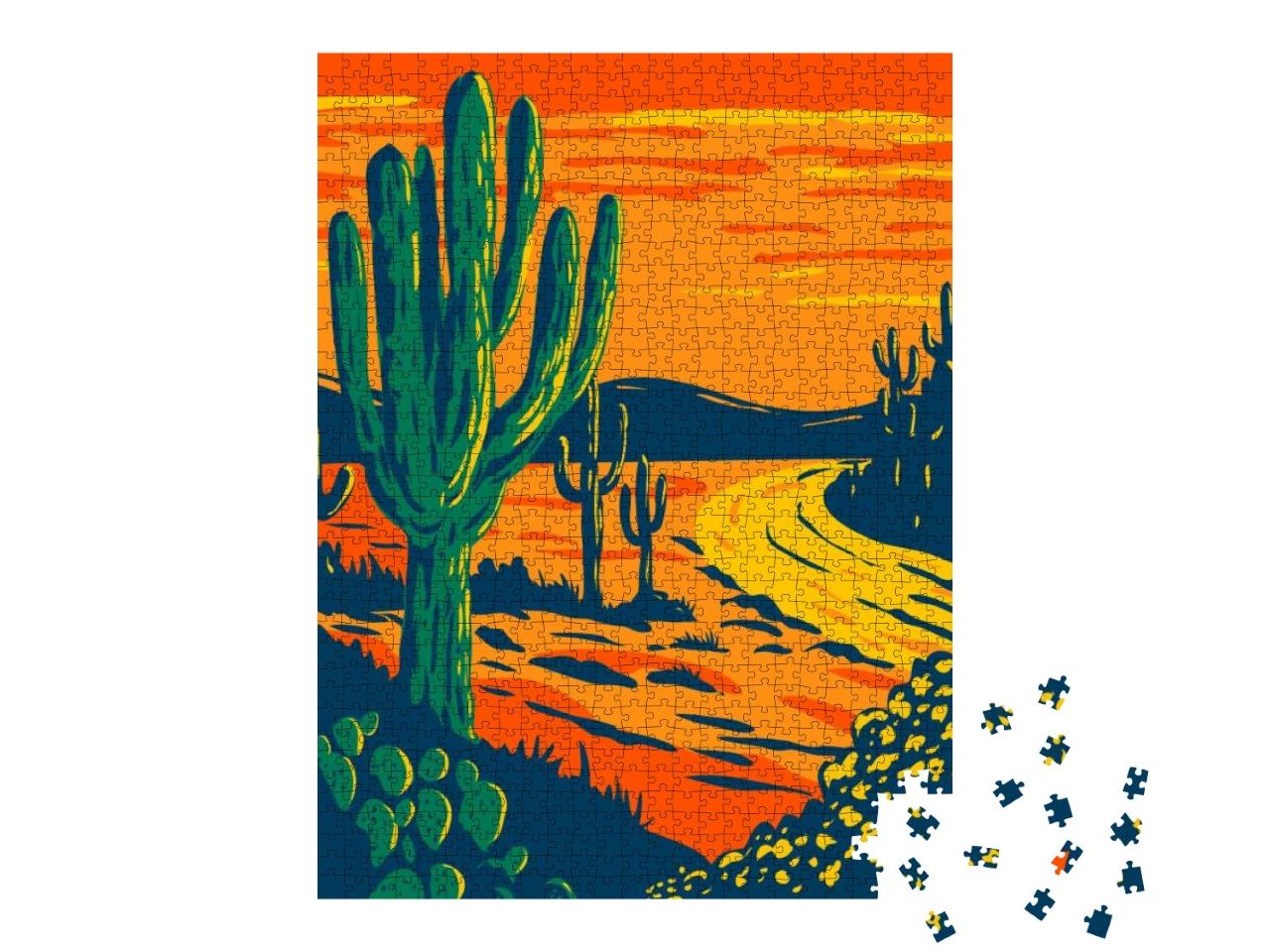 Saguaro Cactus At Dusk in Saguaro National Park in Tucson... Jigsaw Puzzle with 1000 pieces