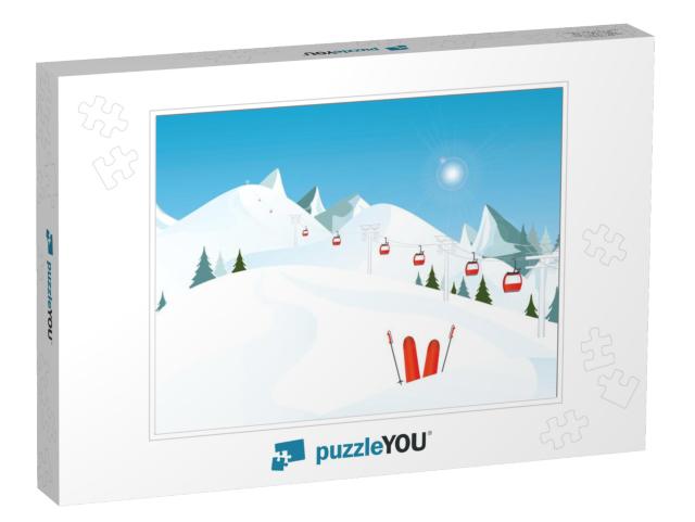 Winter mountain landscape with pair of skis in sno Jigsaw Puzzle