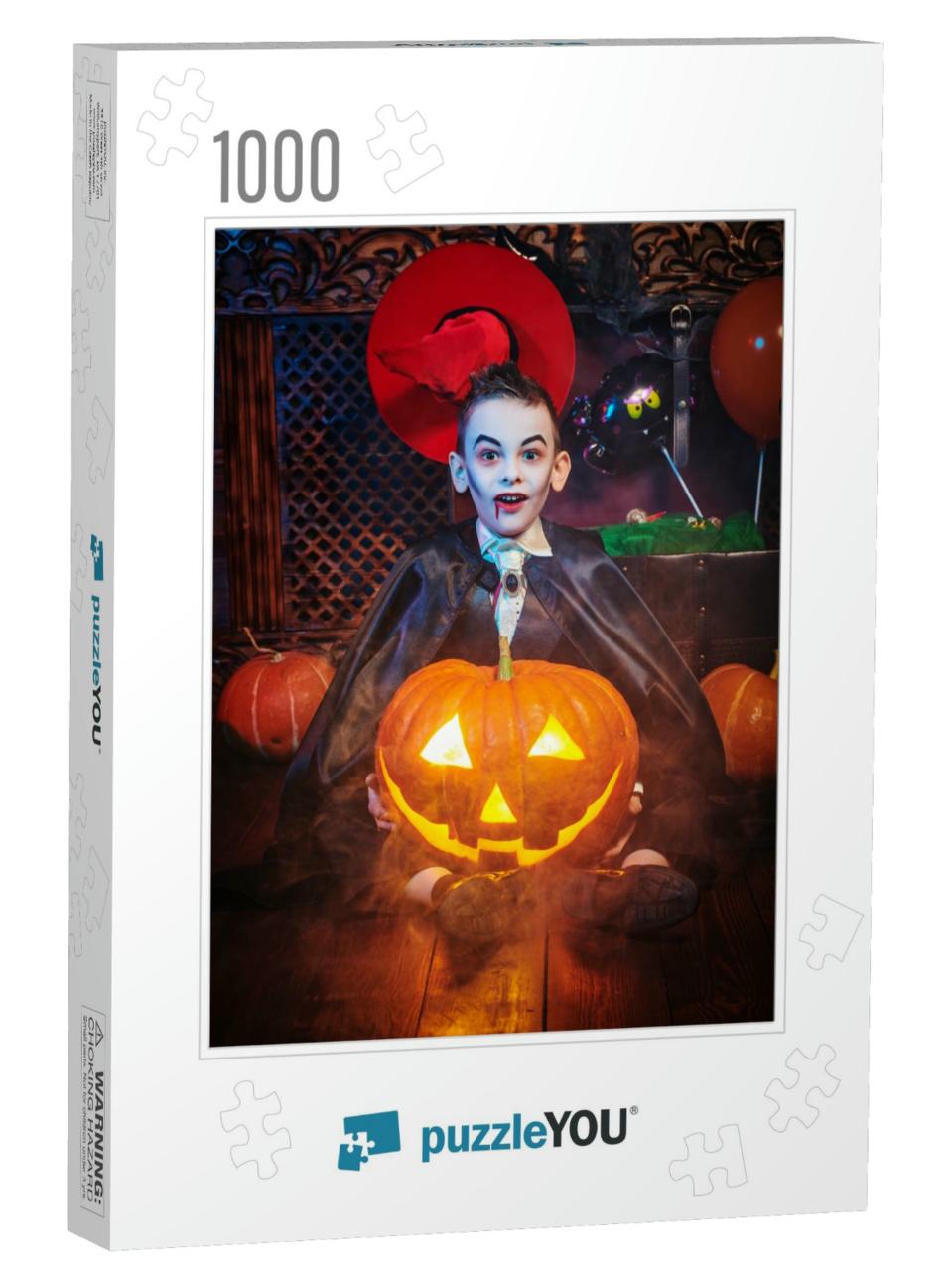 Halloween Celebration. Cute Emotional Boy in Vampire Cost... Jigsaw Puzzle with 1000 pieces