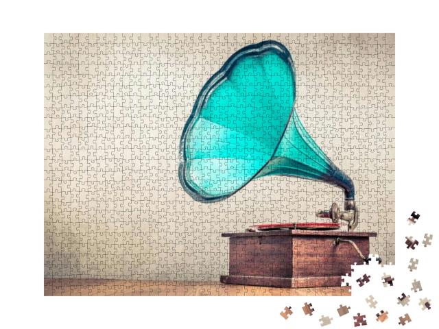 Vintage Aged Turquoise Gramophone Phonograph Turntable on... Jigsaw Puzzle with 1000 pieces