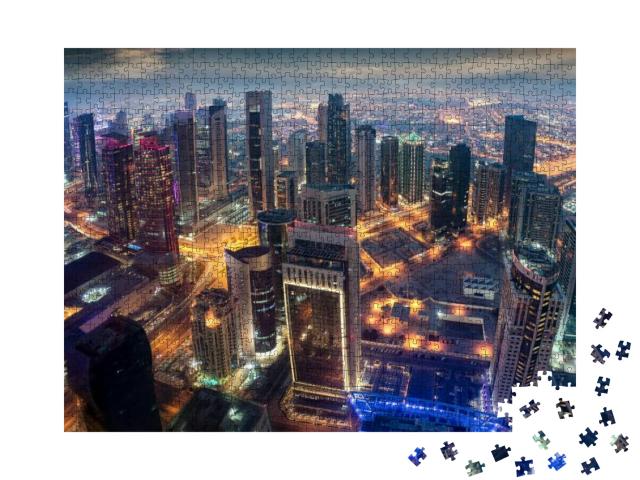 Aerial View to the Illuminated City Center of Doha, Qatar... Jigsaw Puzzle with 1000 pieces
