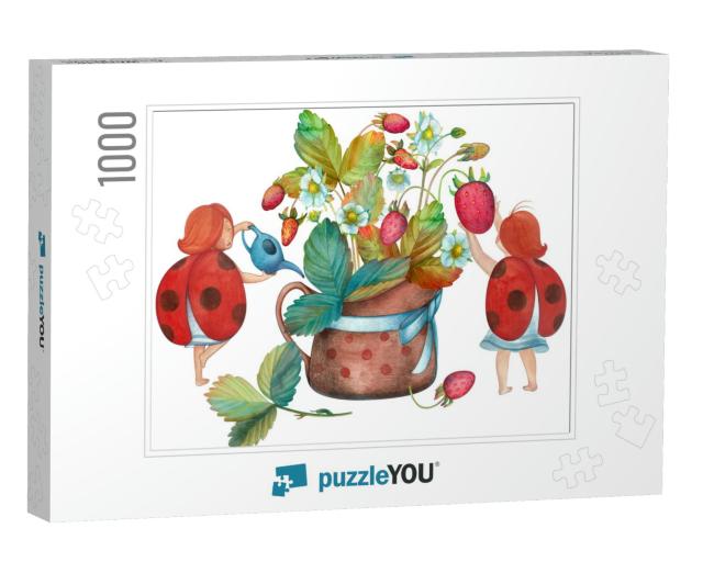 Cute Watercolor Illustration with Fairies, Ladybug... Jigsaw Puzzle with 1000 pieces
