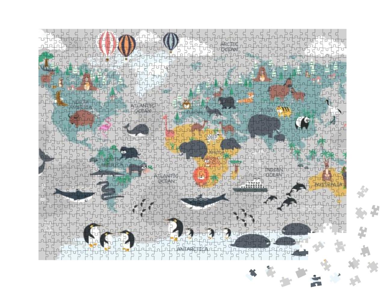 The World Map with Cartoon Animals for Kids, Nature, Disc... Jigsaw Puzzle with 1000 pieces