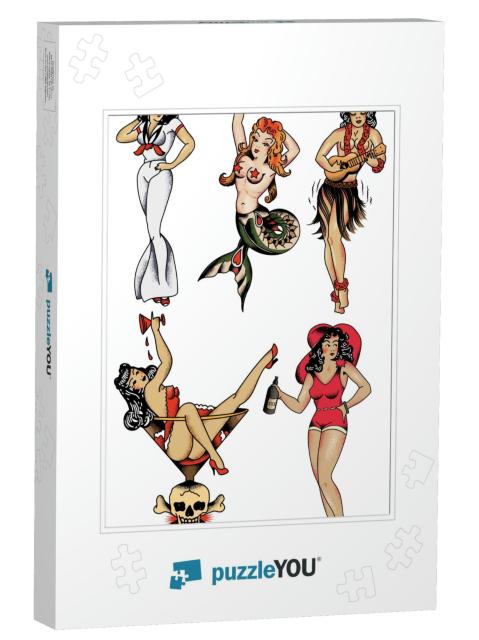 Pin-Up Girls Retro Sailor Tattoo Style... Jigsaw Puzzle