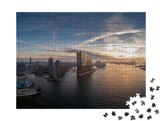 Panorama Aerial View from the Port of Hamburg with Beauti... Jigsaw Puzzle with 1000 pieces