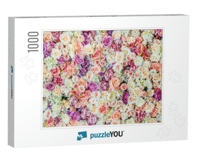 Flowers Wall Background with Amazing Red & White Roses, W... Jigsaw Puzzle with 1000 pieces
