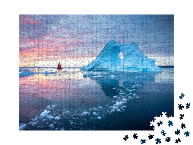 Little Red Sailboat Cruising Among Floating Icebergs in D... Jigsaw Puzzle with 1000 pieces