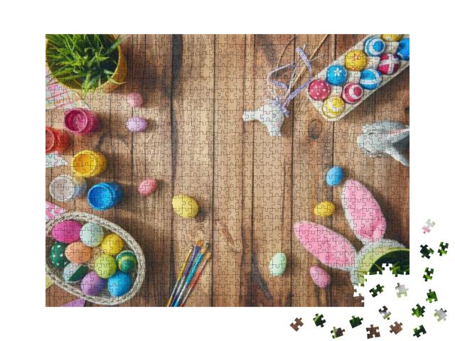 Happy Easter! Background with Colorful Eggs in Basket. Ta... Jigsaw Puzzle with 1000 pieces