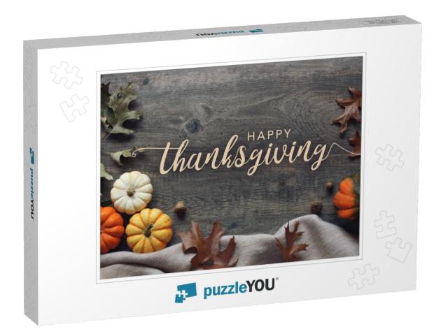 Happy Thanksgiving Script with Pumpkins & Leaves Over Dar... Jigsaw Puzzle