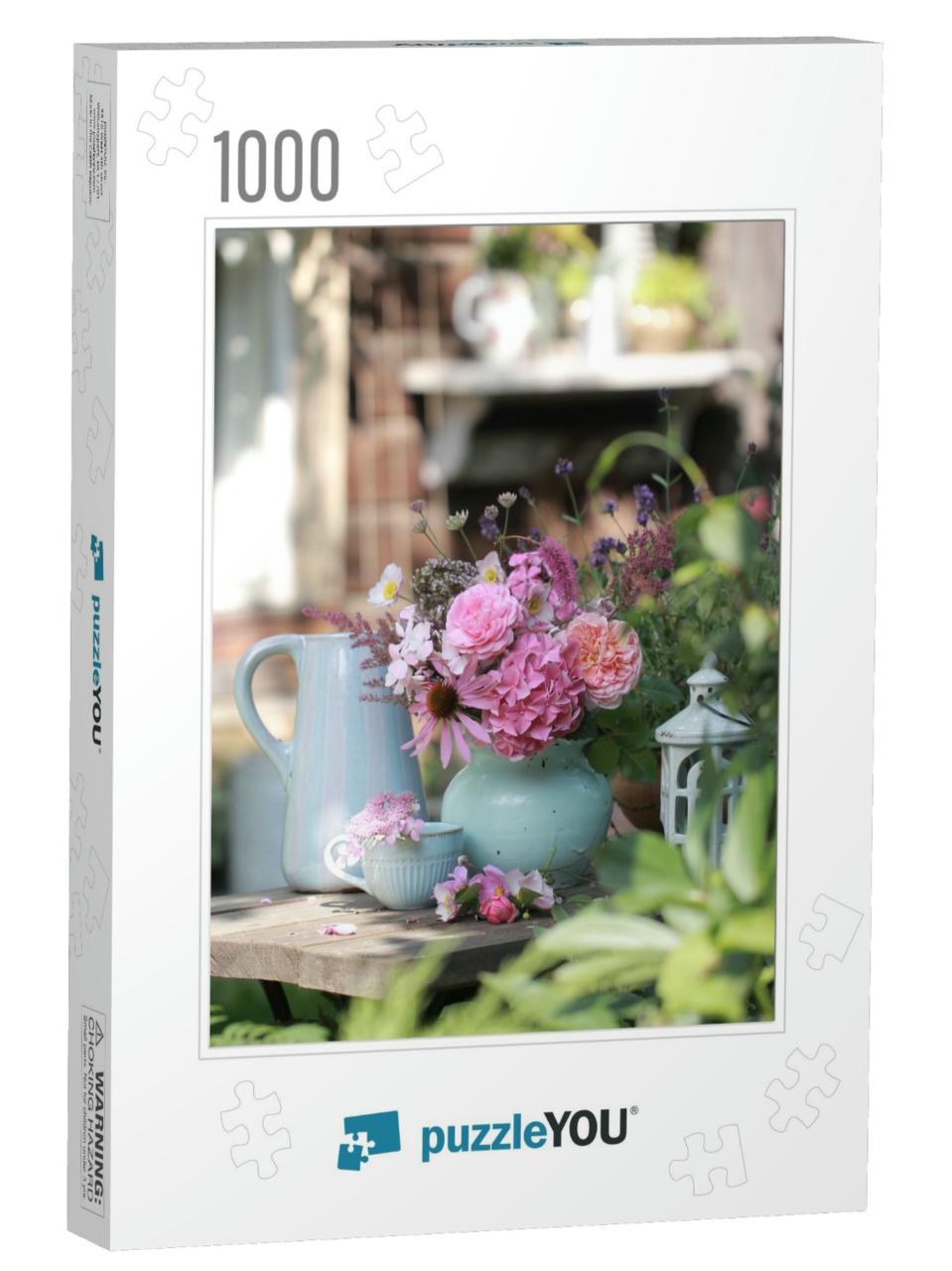 A Bouquet of Pink Flowers in a Blue Ceramic Vase & Other... Jigsaw Puzzle with 1000 pieces