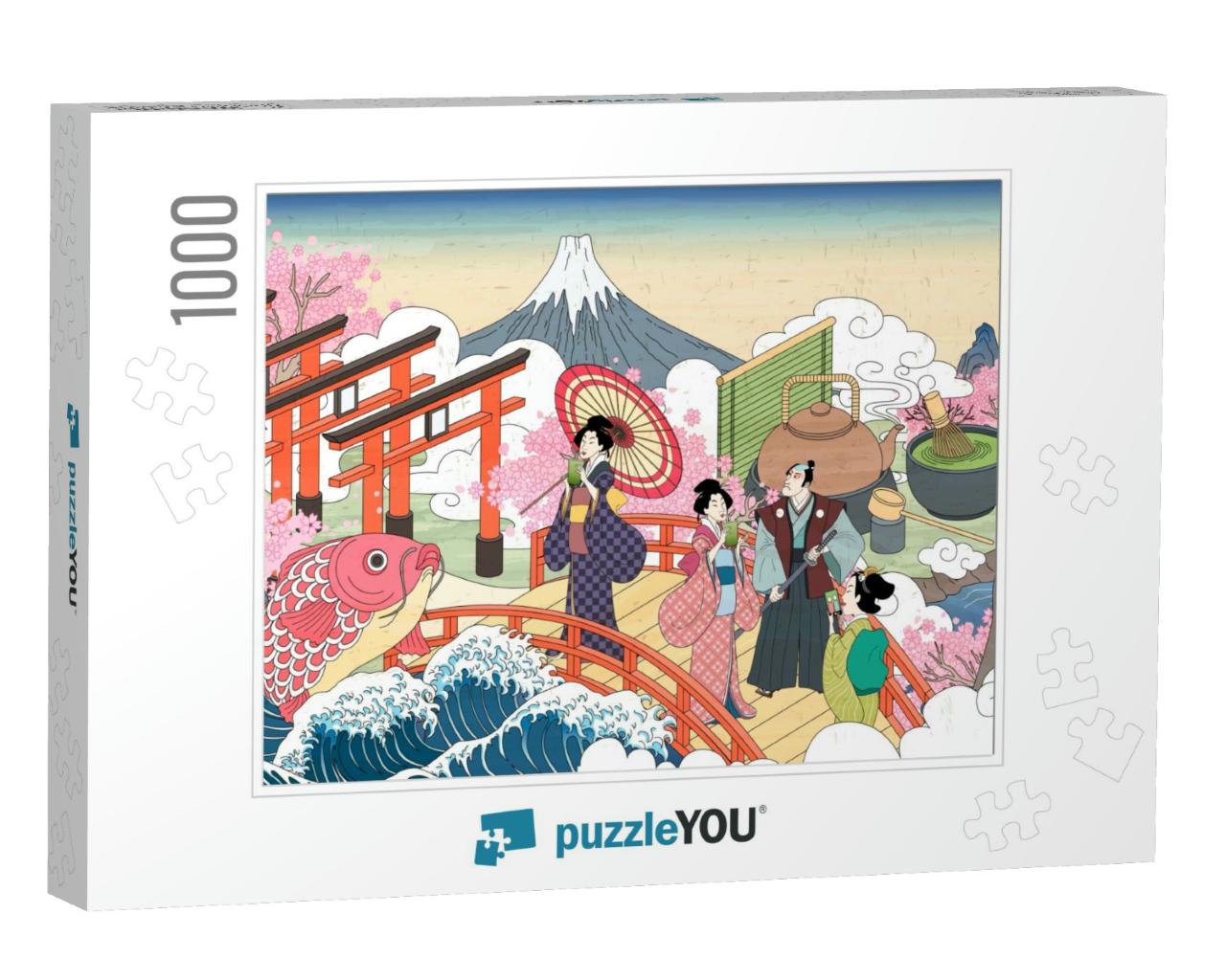 Retro Japan Scenery in Ukiyo-E Style, People Carrying Enj... Jigsaw Puzzle with 1000 pieces