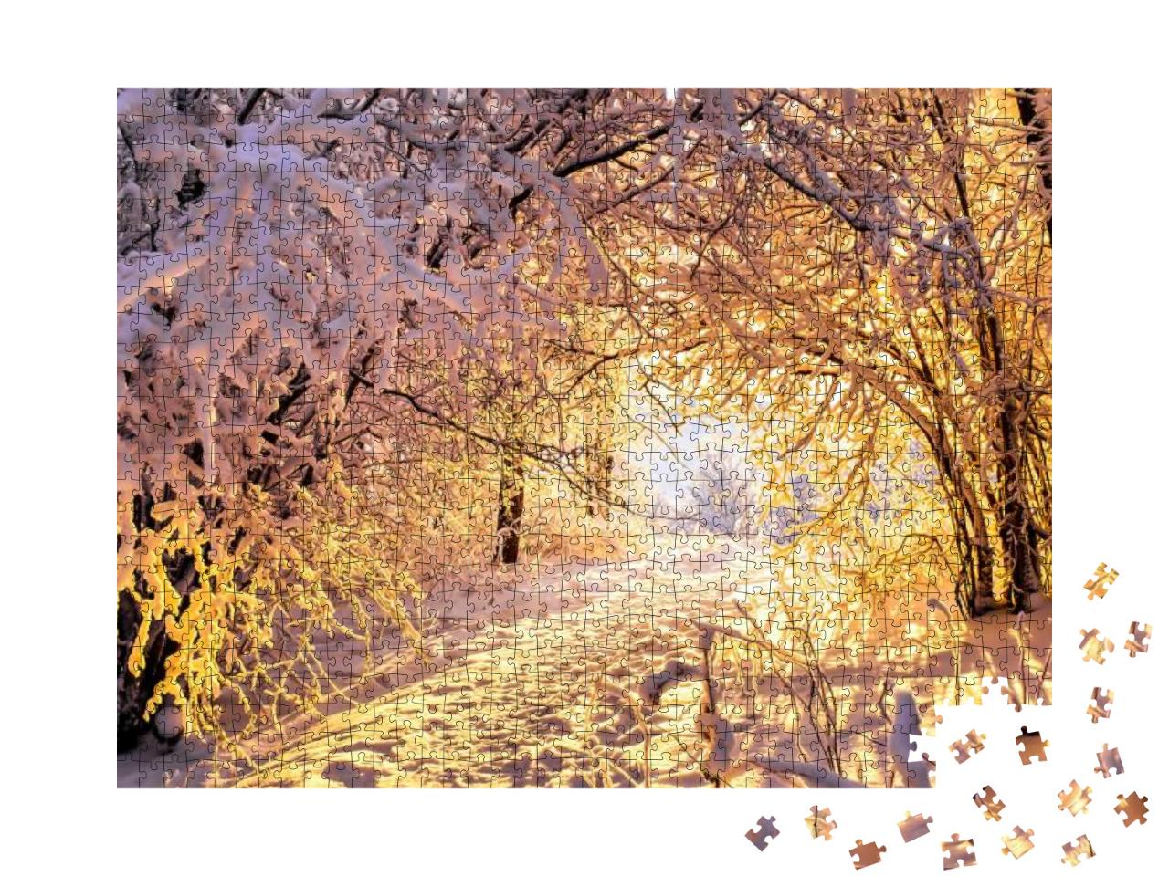 Winter Forest Tree Tunnel Snow Sunset Background... Jigsaw Puzzle with 1000 pieces