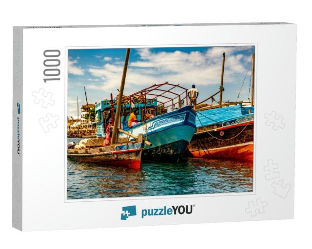 Colorful, Old, Wooden Fishing Dhows Moored Alongside the... Jigsaw Puzzle with 1000 pieces