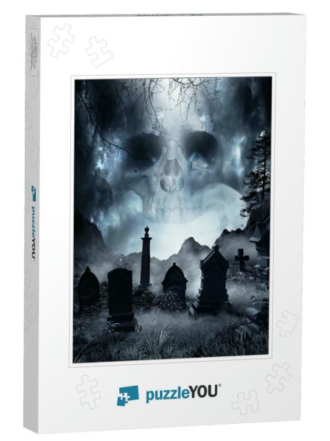 Night Scene with Fog & Tombstones. 3D Illustration... Jigsaw Puzzle