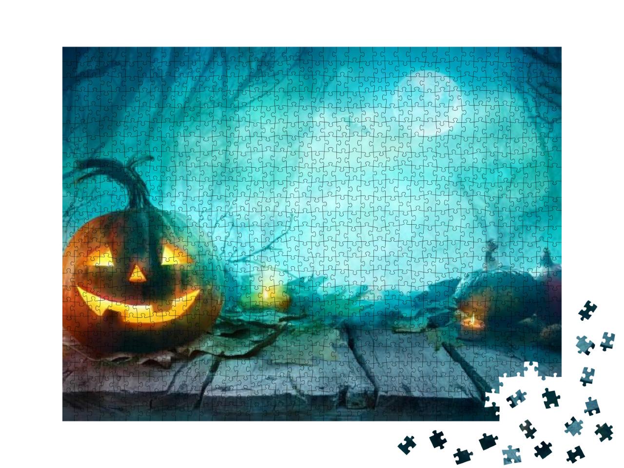 Halloween Pumpkins on Wood. Halloween Background At Night... Jigsaw Puzzle with 1000 pieces