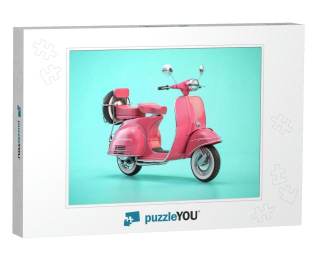 Pink Vintage Scooter, Motor Bike or Moped on Blue Backgro... Jigsaw Puzzle