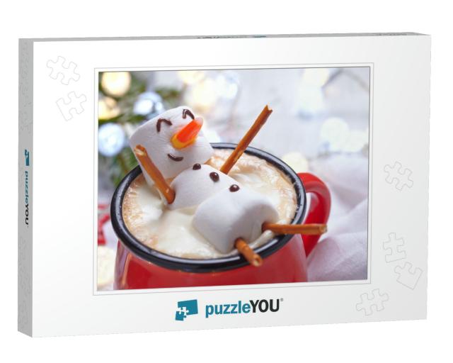 Red Mug with Hot Chocolate with Melted Marshmallow Snowma... Jigsaw Puzzle