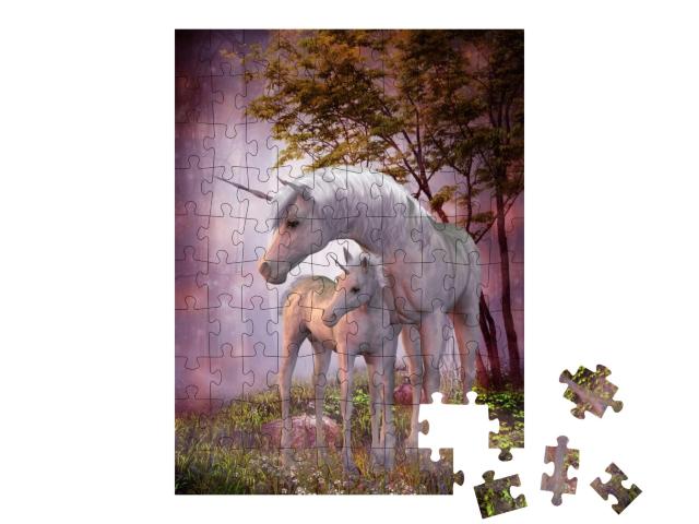 Unicorns Mare & Foal - a White Unicorn Doe & Fawn Spend T... Jigsaw Puzzle with 100 pieces