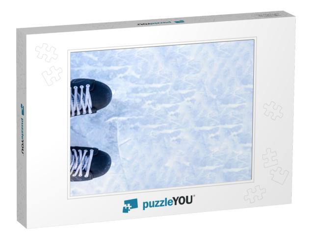 A Pair of Hockey Skates with Laces on Frozen Ice Rink Clo... Jigsaw Puzzle