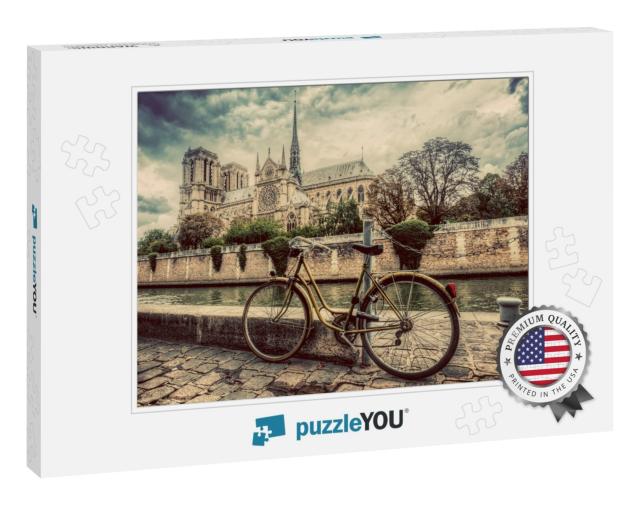 Retro Bike Next to Notre Dame Cathedral in Paris, France... Jigsaw Puzzle