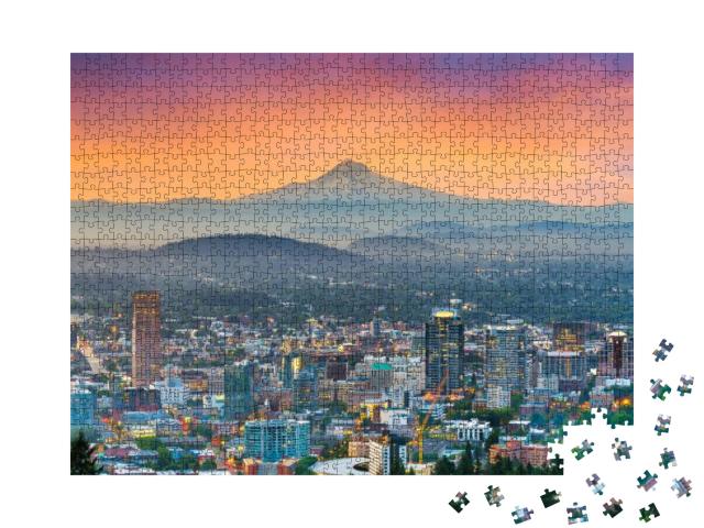Portland, Oregon, USA Downtown Skyline with Mt. Hood At Da... Jigsaw Puzzle with 1000 pieces