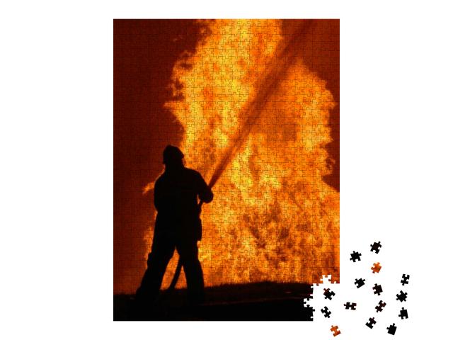 Lone Fireman Battling Against Raging Fire, Note Shallow F... Jigsaw Puzzle with 1000 pieces