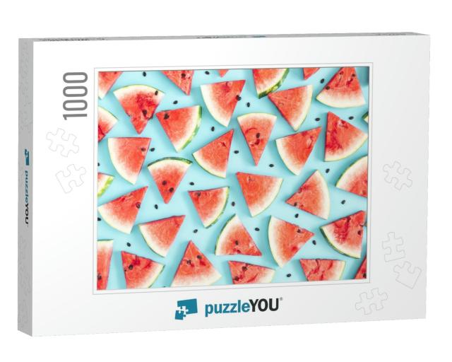 Watermelon Pattern. Red Watermelon on Blue Background. Su... Jigsaw Puzzle with 1000 pieces