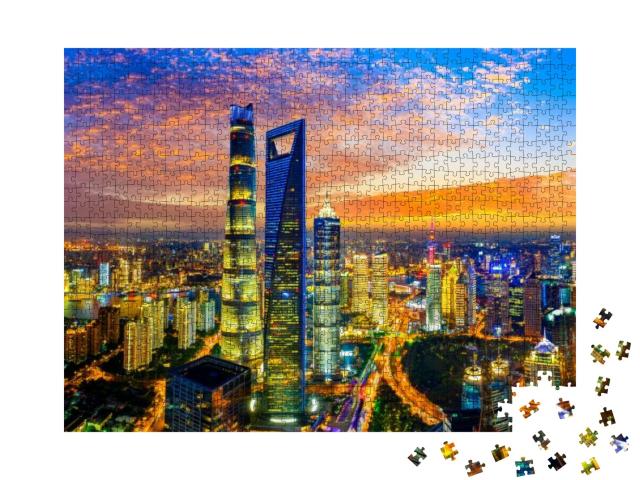 Aerial View of Shanghai Skyline & Cityscape At Night, Chi... Jigsaw Puzzle with 1000 pieces