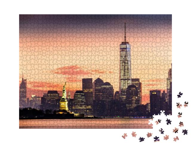 Lower Manhattan with Freedom Tower & the Statue of Libert... Jigsaw Puzzle with 1000 pieces