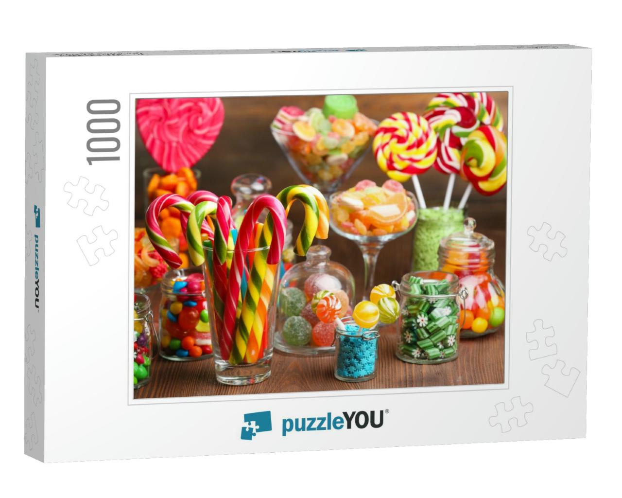 Colorful Candies in Jars on Table on Wooden Background... Jigsaw Puzzle with 1000 pieces