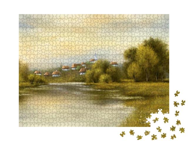 Digital Oil Paintings Rural Landscape, River in the Morni... Jigsaw Puzzle with 1000 pieces