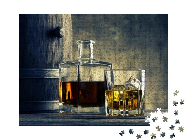 Glass Carafe & Whiskey Barrel Tinted in Yellow Blue Tone... Jigsaw Puzzle with 1000 pieces