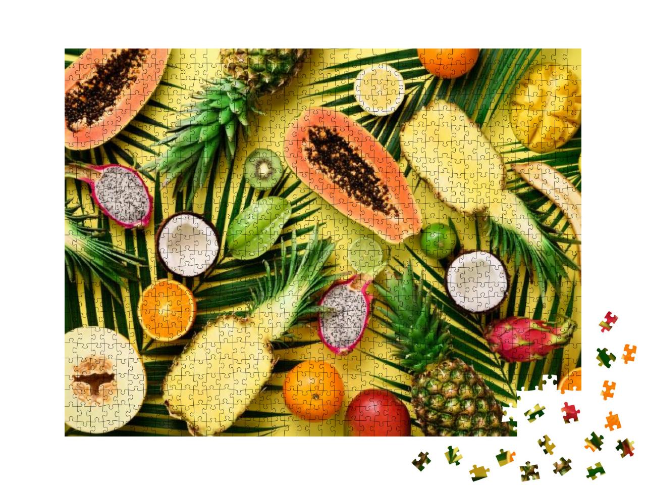 Exotic Fruits & Tropical Palm Leaves on Pastel Yellow Bac... Jigsaw Puzzle with 1000 pieces