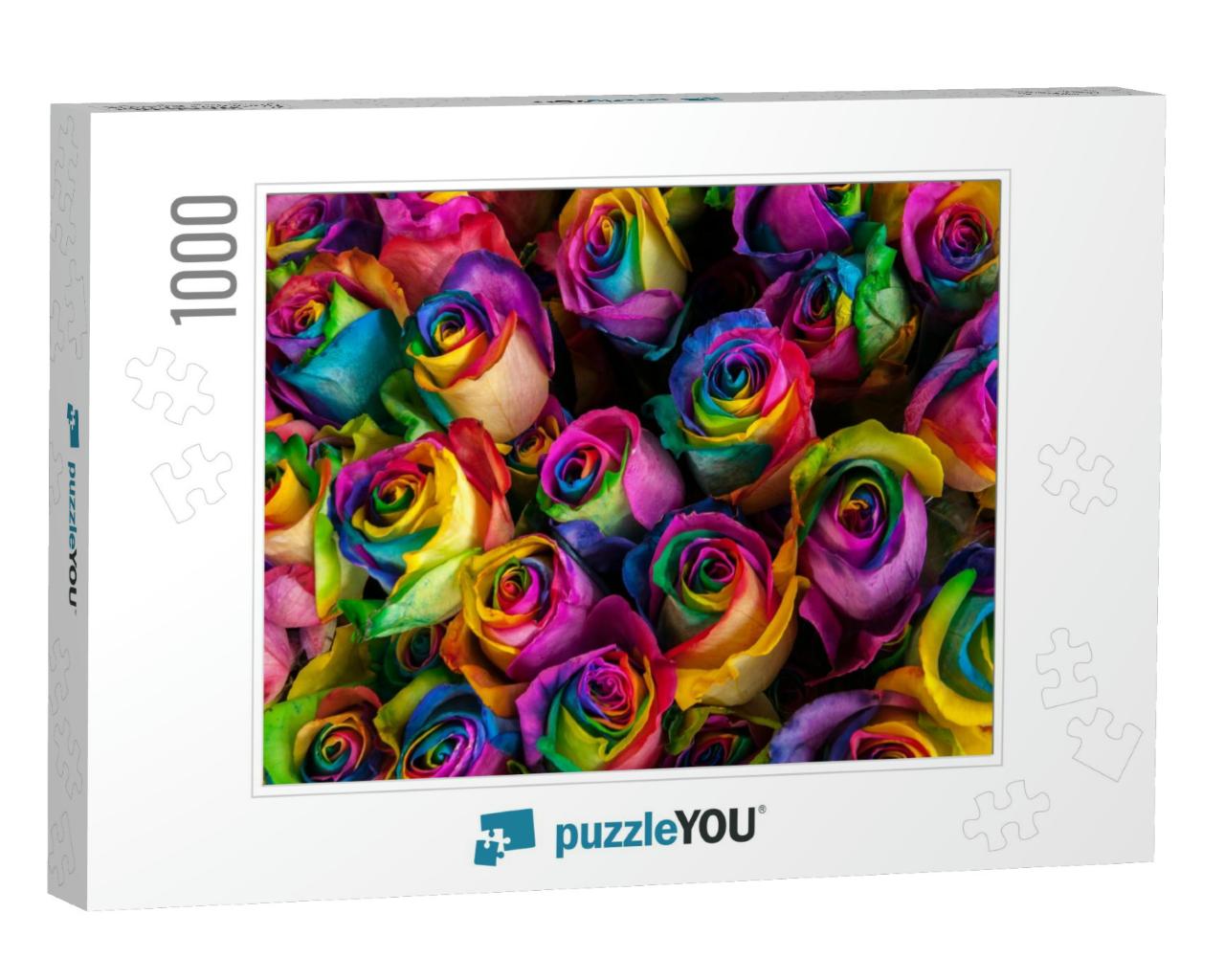 Colorful, Vibrant Rainbow Roses for Sale At an Outdoor Ma... Jigsaw Puzzle with 1000 pieces