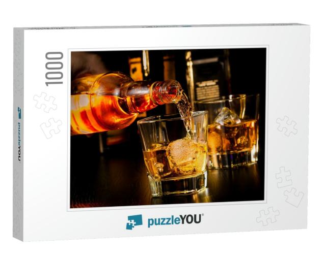 Barman Pouring Whiskey in Front of Whiskey Glass & Bottle... Jigsaw Puzzle with 1000 pieces
