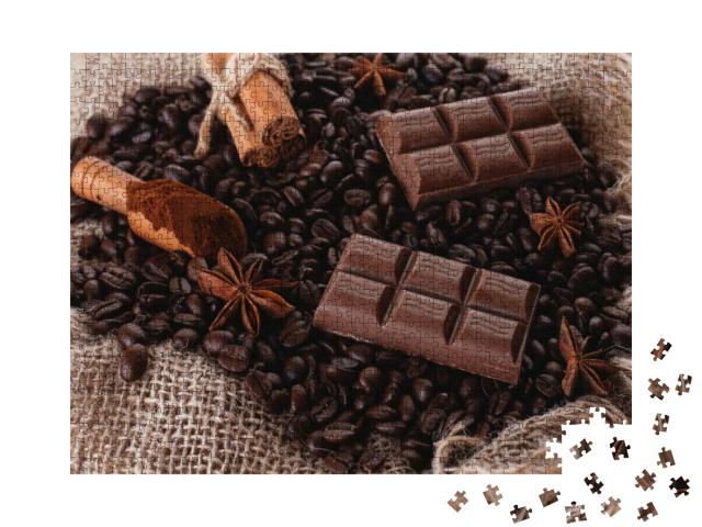 Chocolate, Coffee Beans, Anise on Wooden Background... Jigsaw Puzzle with 1000 pieces