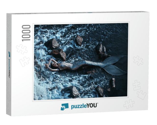 Real Mermaid Posing Relax Resting Ocean Shore. Silver Tai... Jigsaw Puzzle with 1000 pieces