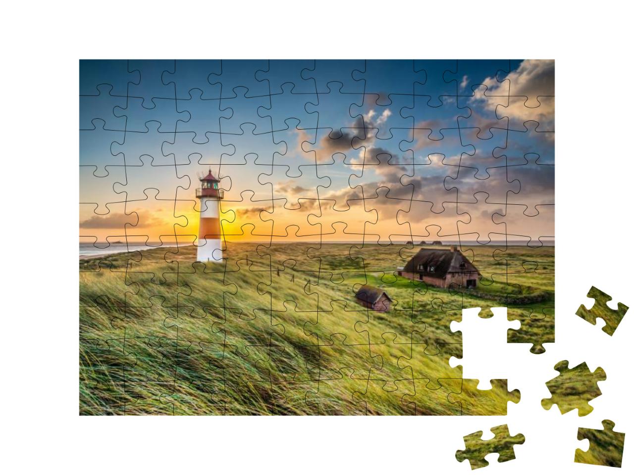 Sunrise At Lighthouse in List on the Island of Sylt, Schl... Jigsaw Puzzle with 100 pieces