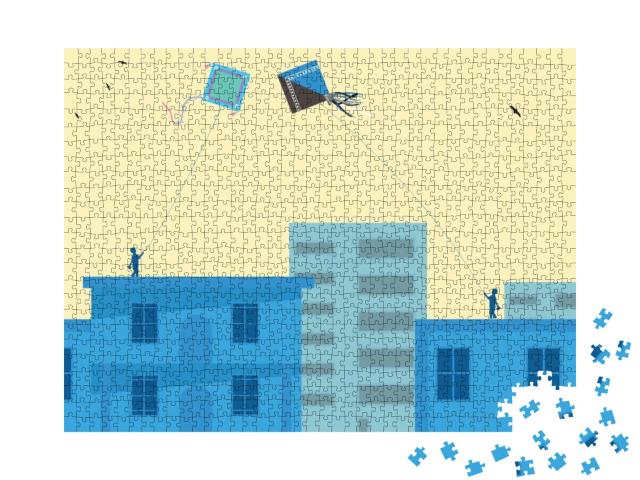 Illustration of Colorful Kites Flying Boys on Buildings f... Jigsaw Puzzle with 1000 pieces