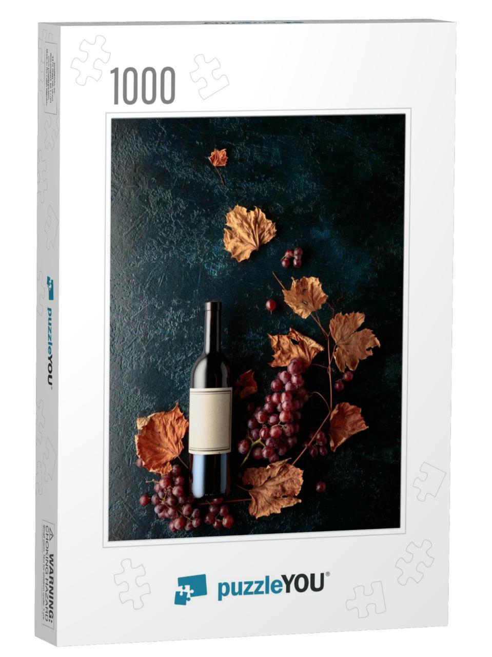Bottle of Red Wine with Ripe Grapes & Dried Up Vine Leave... Jigsaw Puzzle with 1000 pieces