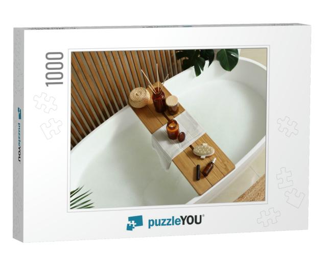 Wooden Bath Tray with Open Book, Candle & Body Care Produ... Jigsaw Puzzle with 1000 pieces